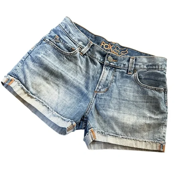 Fox Racing Denim Shorts, slightly distressed, 5 pocket, cuffed, med wash, Sz 5 - Picture 2 of 10